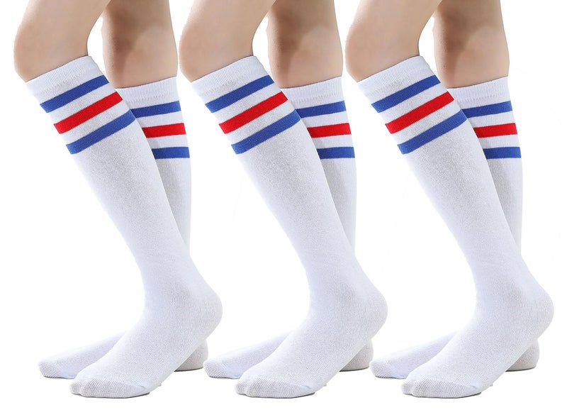 TOCONFFON Knee High Tube Socks for Boys Girls Teens, Kids Soccer School Cotton Uniform Sports Socks 3,4 Pairs(Blue Stripe 3 Pairs,8-12) - Image 1